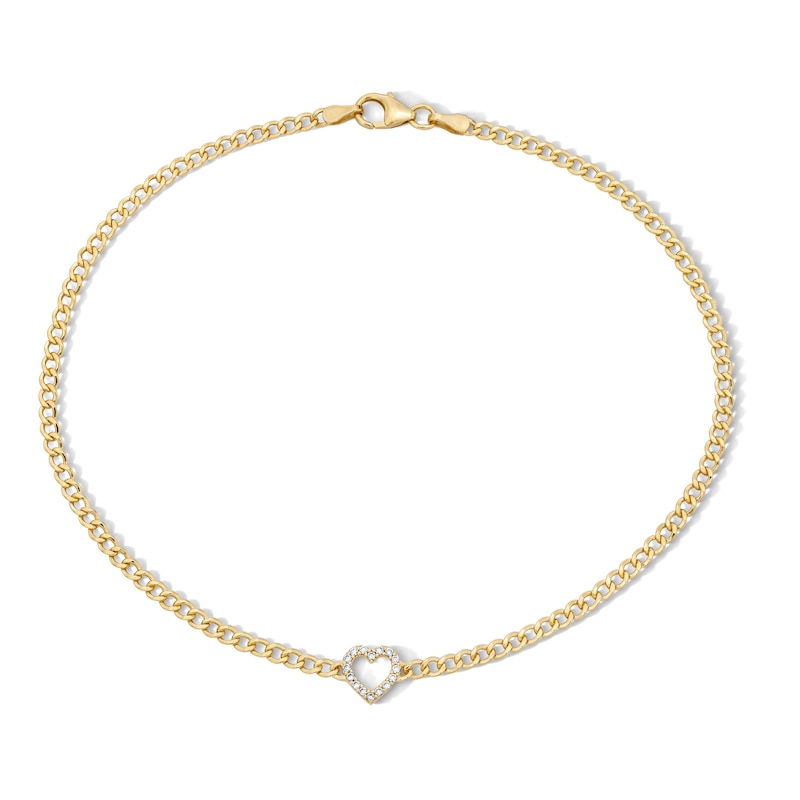 Main Image 1 of 10K Gold Bonded CZ Heart Curb Chain Anklet - 10"