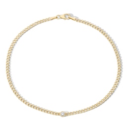 10K Hollow Gold Bonded CZ Solitaire Curb Chain Anklet - 10"
