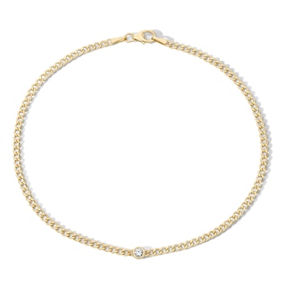 10K Hollow Gold Bonded CZ Solitaire Curb Chain Anklet - 10"