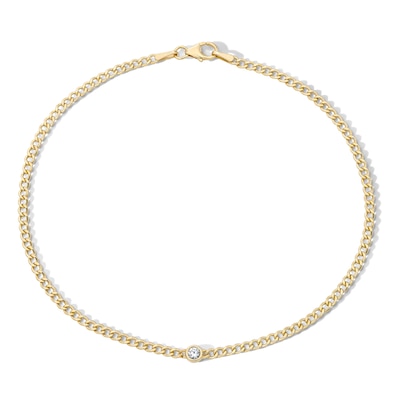 10K Hollow Gold Bonded CZ Solitaire Curb Chain Anklet - 10"