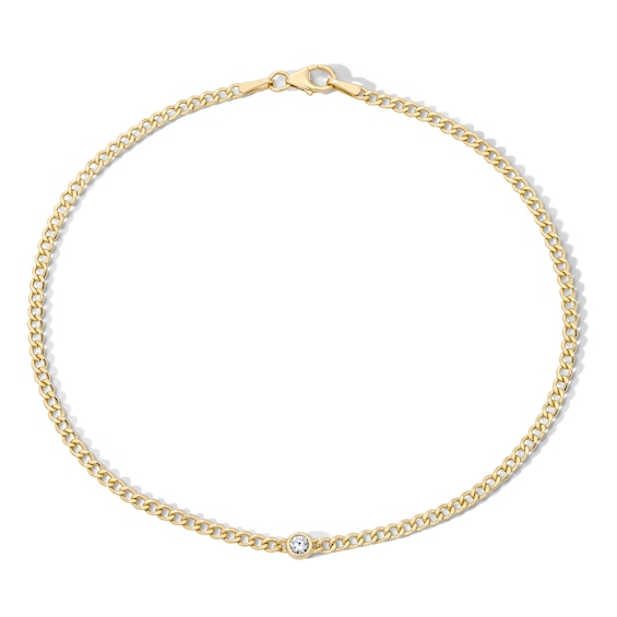 10K Hollow Gold Bonded CZ Solitaire Curb Chain Anklet - 10"