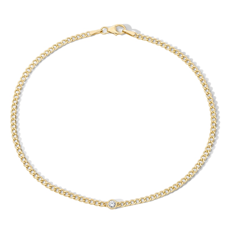 Main Image 1 of 10K Hollow Gold Bonded CZ Solitaire Curb Chain Anklet - 10"