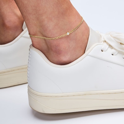 10K Hollow Gold Bonded CZ Solitaire Curb Chain Anklet - 10"