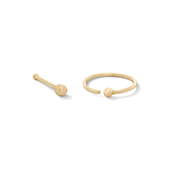 14K Solid Gold Nose Hoop and Bone Stud Set - 22G