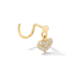 14K Solid Gold CZ Heart Dangle Screw Nose Stud - 22G