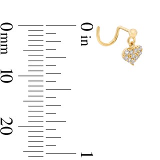 14K Solid Gold CZ Heart Dangle Screw Nose Stud - 22G 9/16"