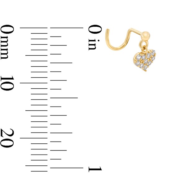 14K Solid Gold CZ Heart Dangle Screw Nose Stud - 22G 9/16"