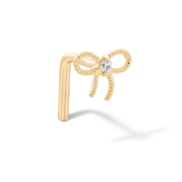 14K Solid Gold CZ Bow L-Shape Nose Stud - 20G 3/8"