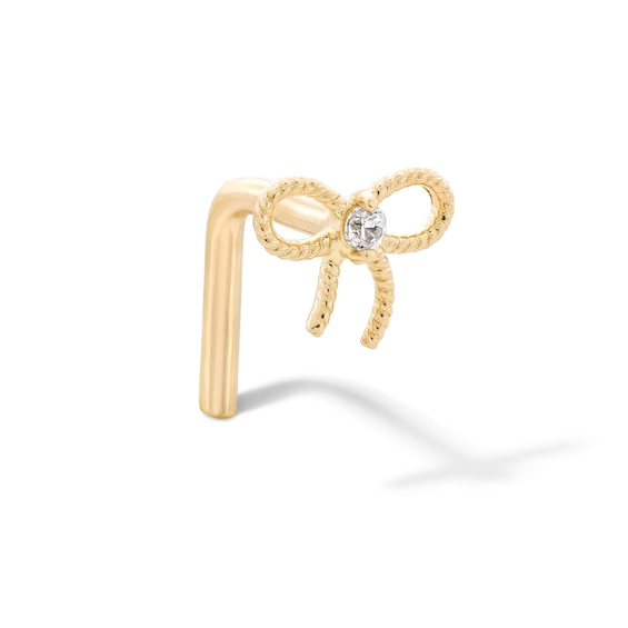 14K Solid Gold CZ Bow L-Shape Nose Stud - 20G 3/8"