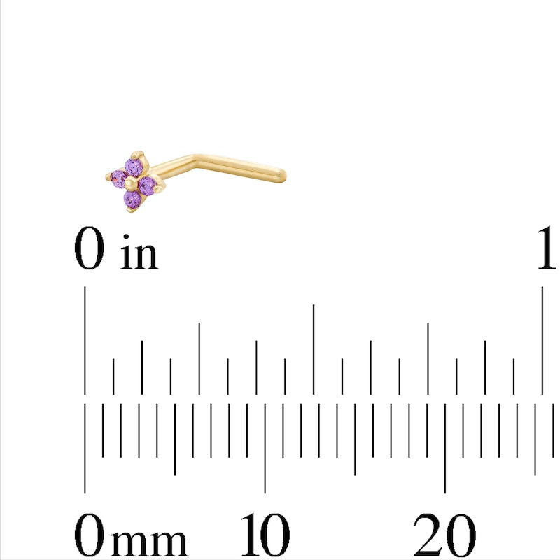 Main Image 2 of 14K Semi-Solid Gold CZ Purple Flower L-Shape Nose Stud - 20G 3/8"