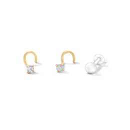 14K Solid Gold Iridescent Crystal and CZ Solitaire Screw Nose Stud Set - 22G 1/2"