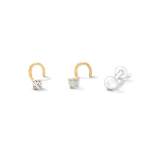 14K Solid Gold Iridescent Crystal and CZ Solitaire Screw Nose Stud Set - 22G 1/2"