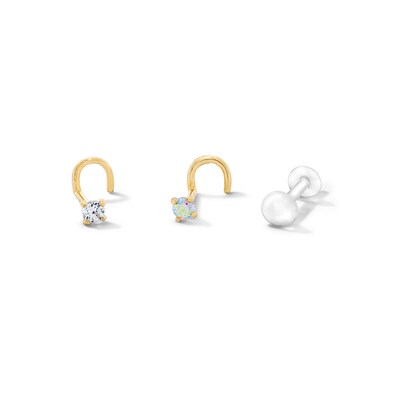14K Solid Gold Iridescent Crystal and CZ Solitaire Screw Nose Stud Set - 22G 1/2"