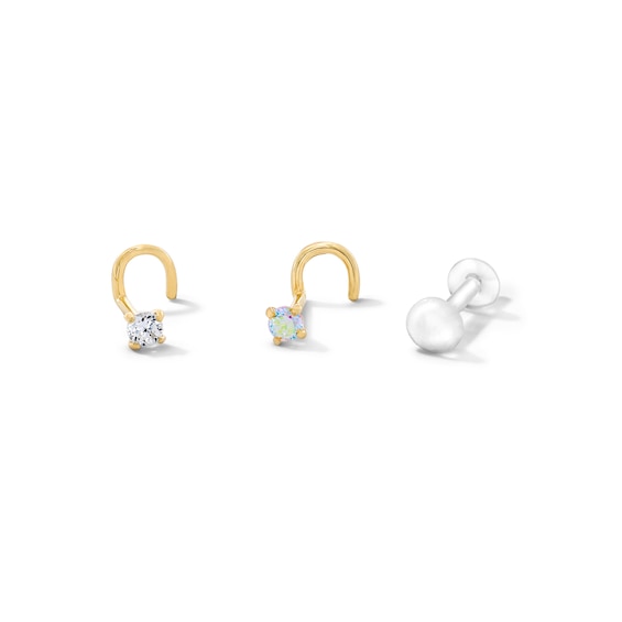 14K Solid Gold Iridescent Crystal and CZ Solitaire Screw Nose Stud Set - 22G 1/2"