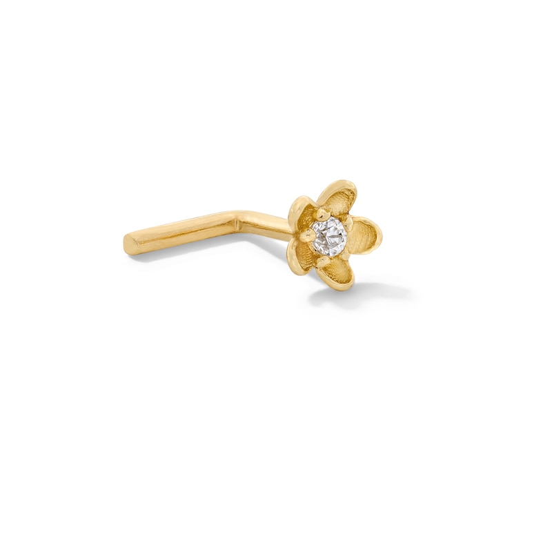 14K Solid Gold CZ Flower L-Shape Nose Stud - 20G 3/8"
