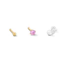 14K Semi-Solid and Hollow Gold Ball and CZ Pink Nose Stud Set - 20G 1/4"