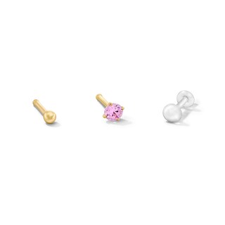 14K Semi-Solid and Hollow Gold Ball and CZ Pink Nose Stud Set - 20G 1/4"