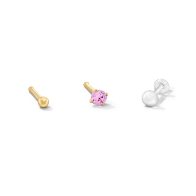 14K Semi-Solid and Hollow Gold Ball and CZ Pink Nose Stud Set - 20G 1/4"