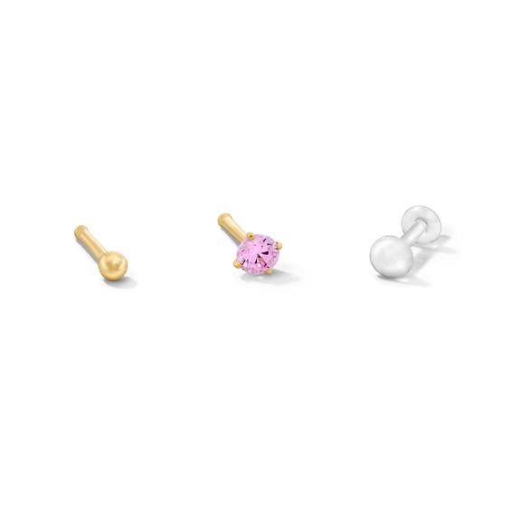 14K Semi-Solid and Hollow Gold Ball and CZ Pink Nose Stud Set - 20G 1/4"