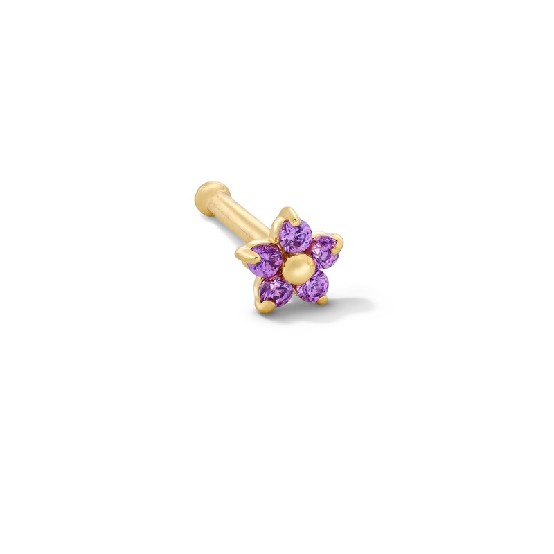 Main Image 1 of 14K Semi-Solid Gold CZ Purple Flower Nose Stud - 22G 1/4"