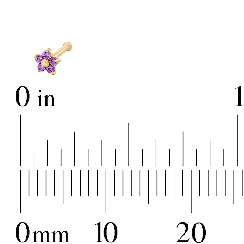 Main Image 2 of 14K Semi-Solid Gold CZ Purple Flower Nose Stud - 22G 1/4"