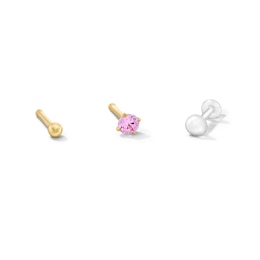14K Semi-Solid Gold Ball and Pink CZ Nose Stud Set - 22G 1/4"