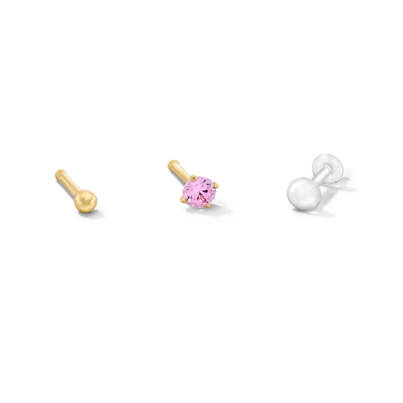 14K Semi-Solid Gold Ball and Pink CZ Nose Stud Set - 22G 1/4"