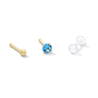 14K Hollow and Semi-Solid Gold Ball and CZ Blue Nose Stud Set - 20G 1/4"