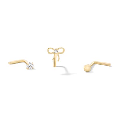 14K Solid Gold CZ Bow and Solitaire L-Shape Nose Stud Set - 20G 3/8”
