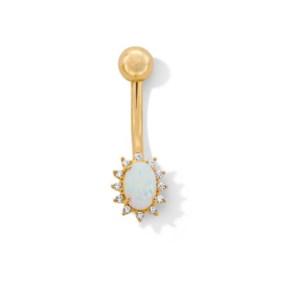 10K Solid Gold Oval Lab-Created Opal and CZ Belly Button Ring - 14G 3/8"