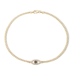 10K Gold Bonded CZ and Enamel Evil Eye Curb Chain Anklet - 10"