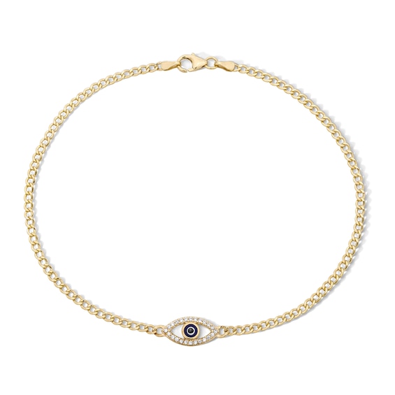 10K Gold Bonded CZ and Black Enamel Evil Eye Anklet - 10"