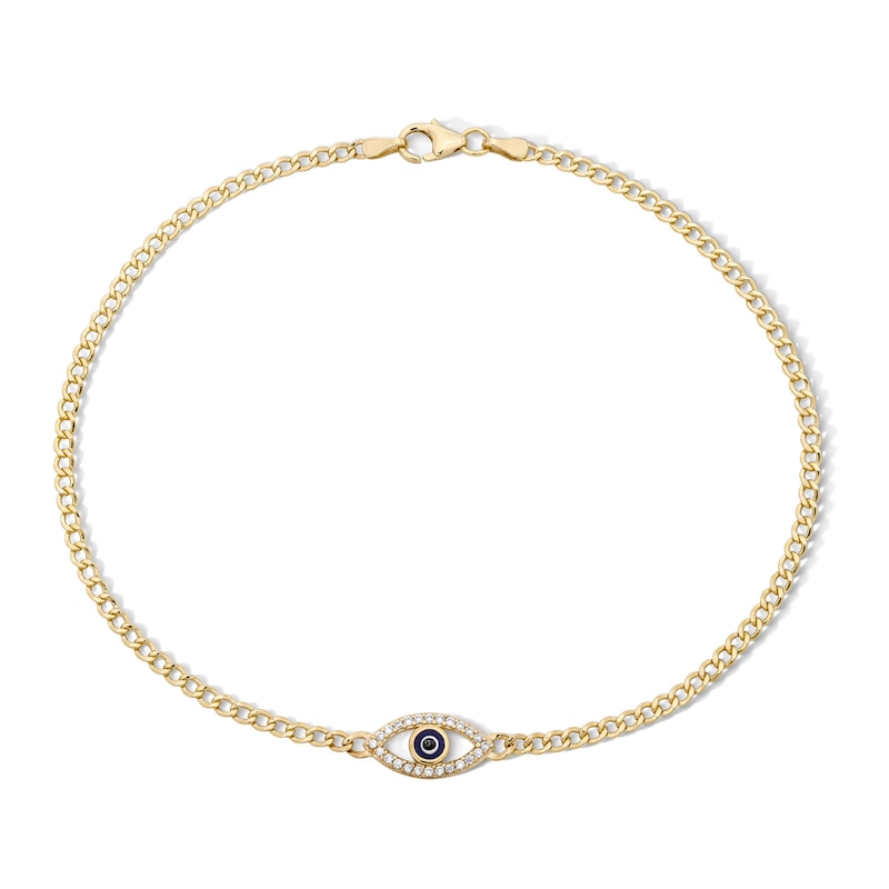 Main Image 1 of 10K Gold Bonded CZ and Enamel Evil Eye Curb Chain Anklet - 10"