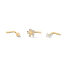 14K Solid Gold CZ Flower and Solitaire L-Shape Nose Stud Set - 20G 3/8"