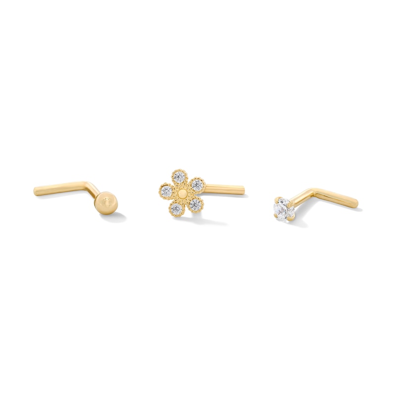 14K Solid Gold CZ Flower and Solitaire L-Shape Nose Stud Set - 20G 3/8"