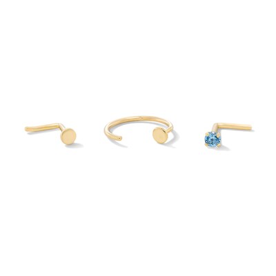 14K Solid Gold Hoop and Blue CZ L-Shape Nose Stud Set - 22G