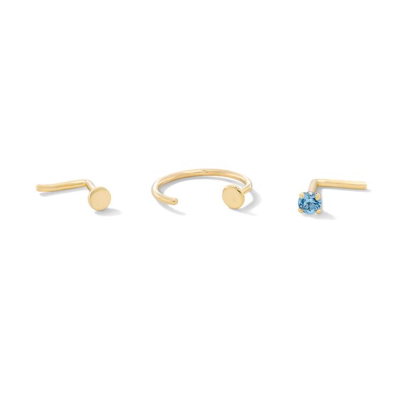 14K Solid Gold Hoop and Blue CZ L-Shape Nose Stud Set - 22G
