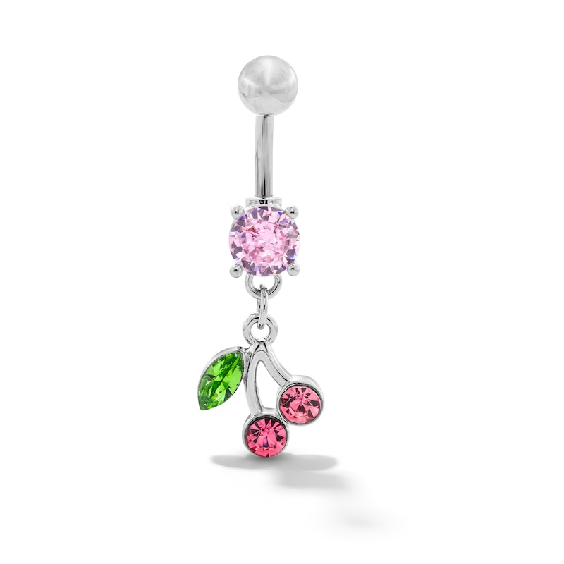 Solid Stainless Steel and Copper CZ and Crystal Cherry Dangle Belly Button Ring - 14G 7/16”