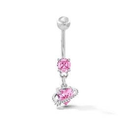 Solid Stainless Steel Pink CZ Heart Dangle Belly Button Ring - 14G 7/16”