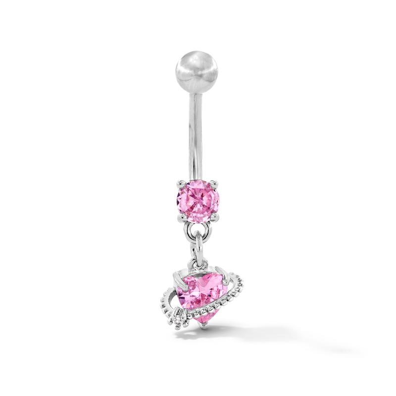 Main Image 1 of Solid Stainless Steel Pink CZ Heart Dangle Belly Button Ring - 14G 7/16”