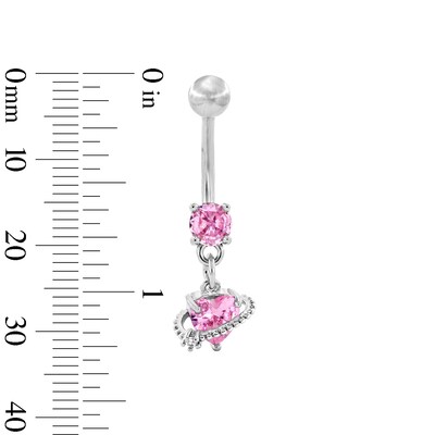 Solid Stainless Steel Pink CZ Heart Dangle Belly Button Ring - 14G 7/16”