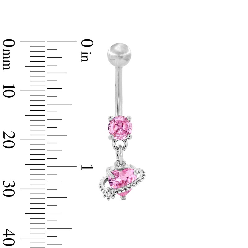 Main Image 2 of Solid Stainless Steel Pink CZ Heart Dangle Belly Button Ring - 14G 7/16”