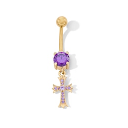Yellow Ion-Plated Purple CZ Cross Belly Button Ring - 14G 7/16"