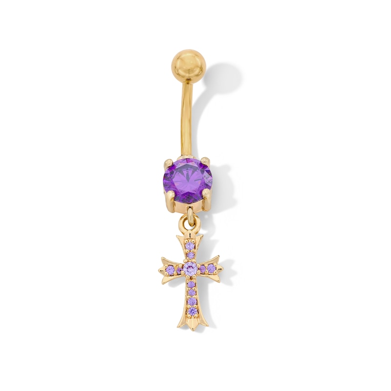 Main Image 1 of Yellow Ion-Plated Purple CZ Cross Belly Button Ring - 14G 7/16"