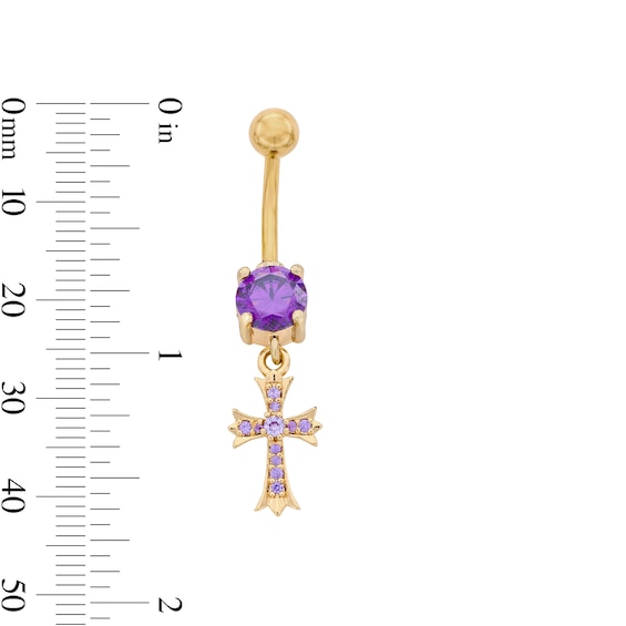 Yellow Ion-Plated Purple CZ Cross Belly Button Ring - 14G 7/16"