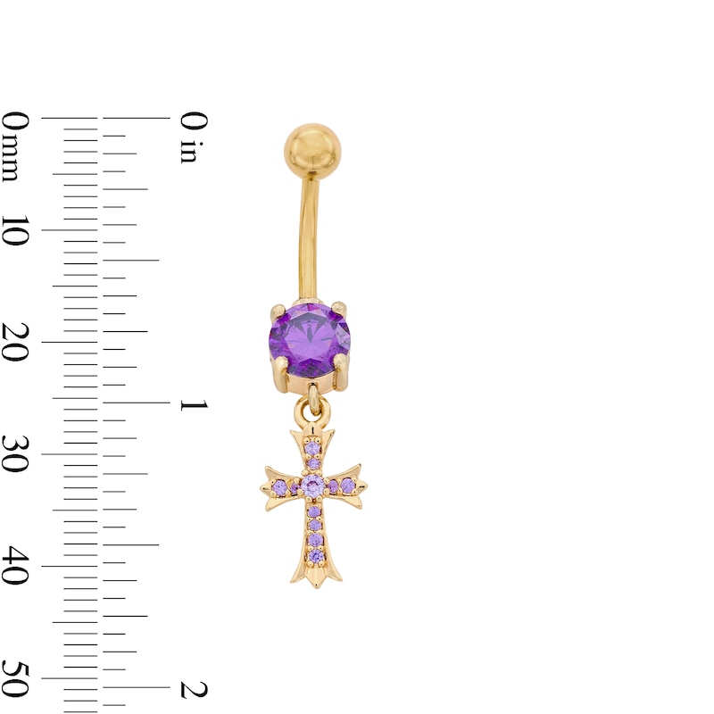 Main Image 2 of Yellow Ion-Plated Purple CZ Cross Belly Button Ring - 14G 7/16"