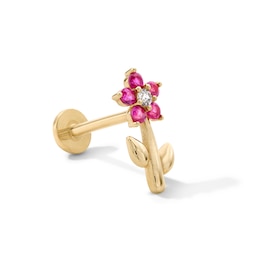 14K Tube Gold Lab-Created Ruby and CZ Flower Cartilage Stud - 18G 5/16"