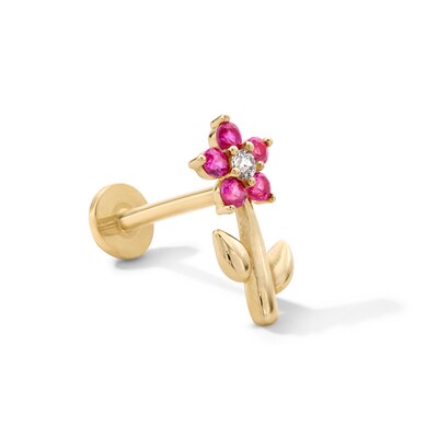 14K Hollow Gold Lab-Created Ruby and CZ Flower Cartilage Stud - 18G 5/16"