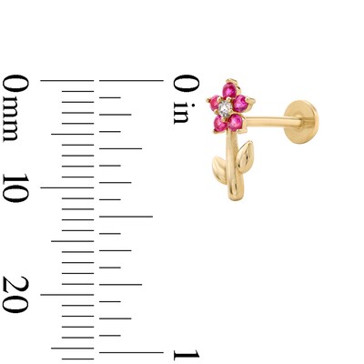 14K Hollow Gold Lab-Created Ruby and CZ Flower Cartilage Stud - 18G 5/16"