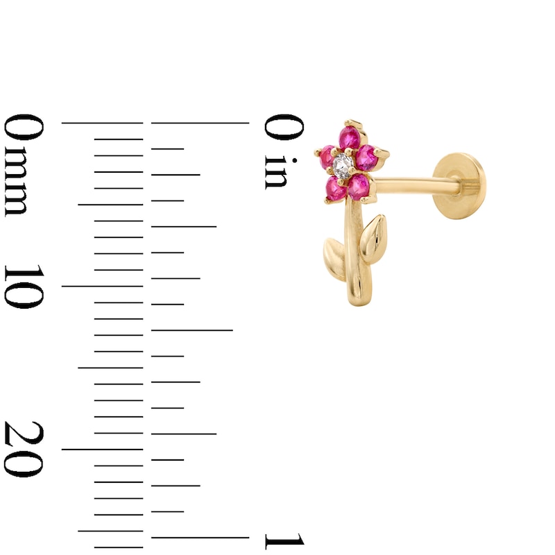 Main Image 2 of 14K Tube Gold Lab-Created Ruby and CZ Flower Cartilage Stud - 18G 5/16"